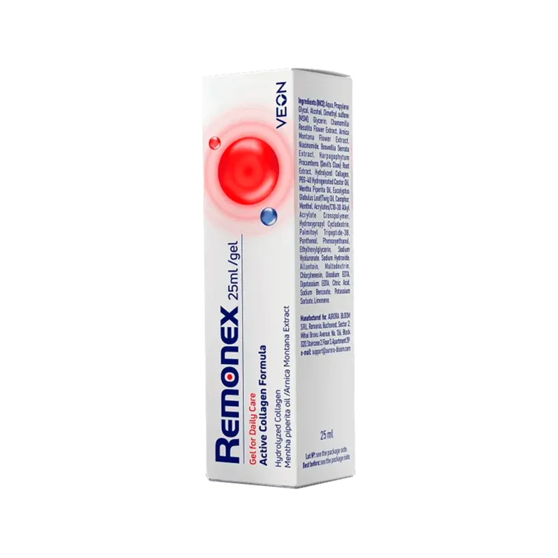 Remonex — sąnarių priežiūros gelio buteliukas su dozatoriumi ir pakuotė, 25 ml