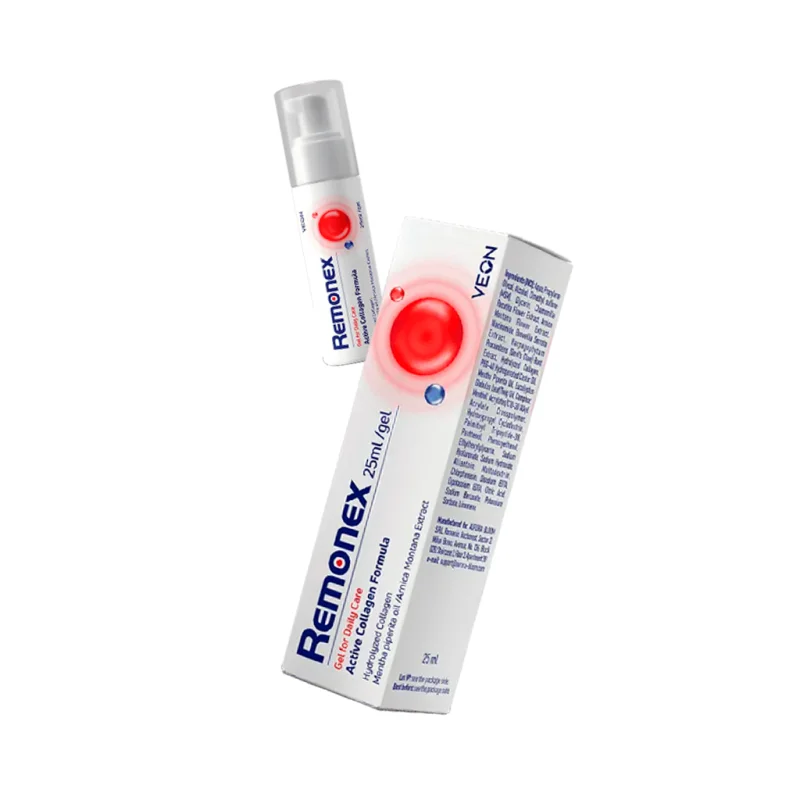 Remonex — gelio buteliukas su pompa ir dėžutė, kūno ir sąnarių sričių priežiūra